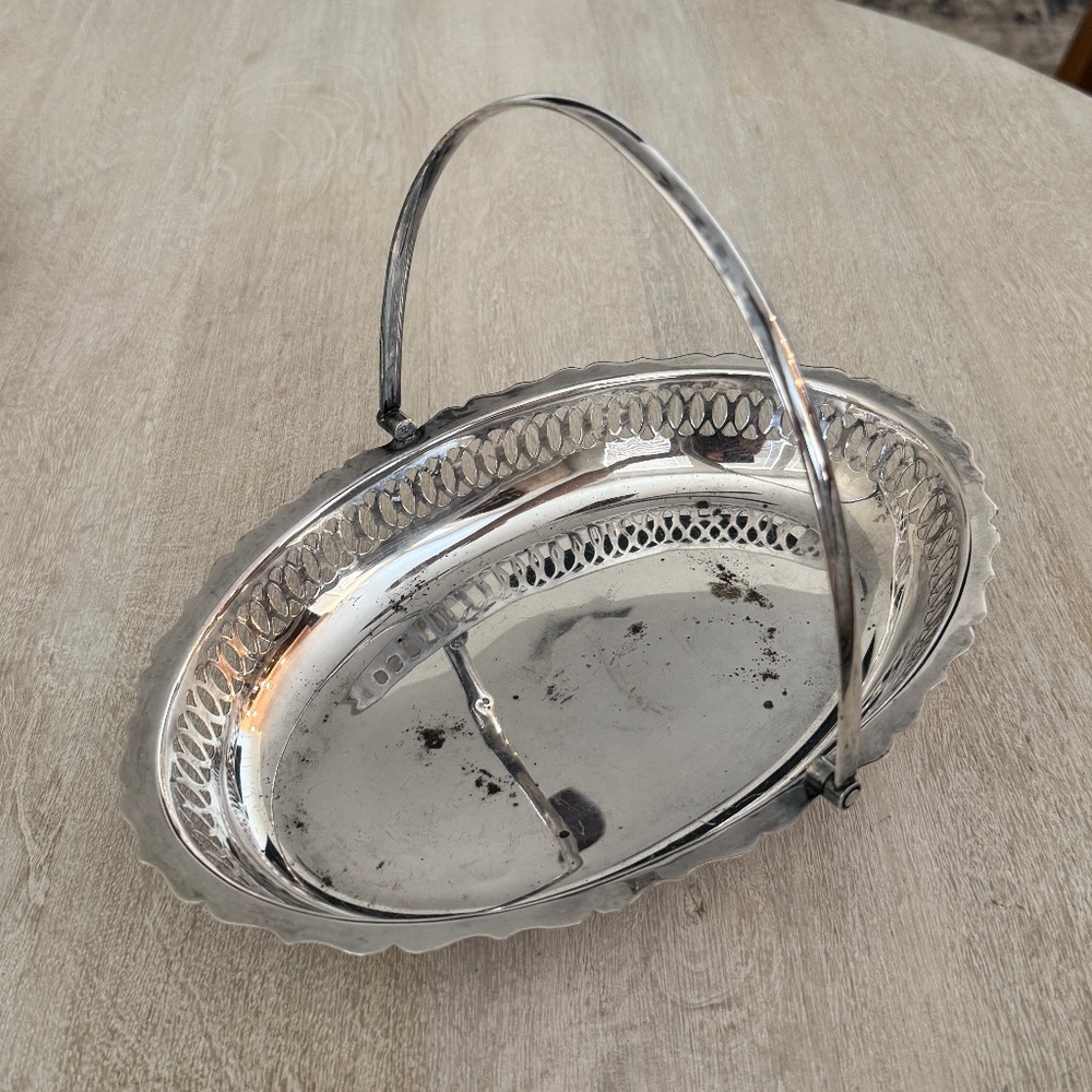Vintage Reticulated Silverplate Basket -  Hinged Handle Pastry/Roll Basket